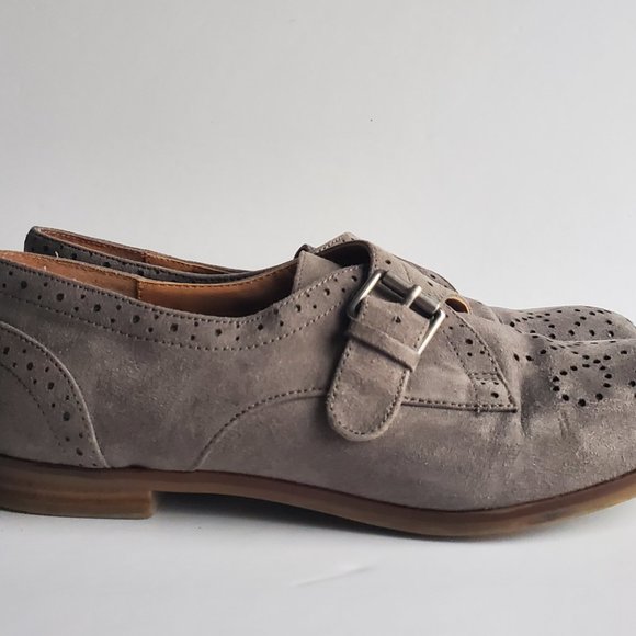 Women's Grey Suede Brogue Loafer Shoes Size 6.5 Buckle Preppy Western Academia - Picture 13 of 13